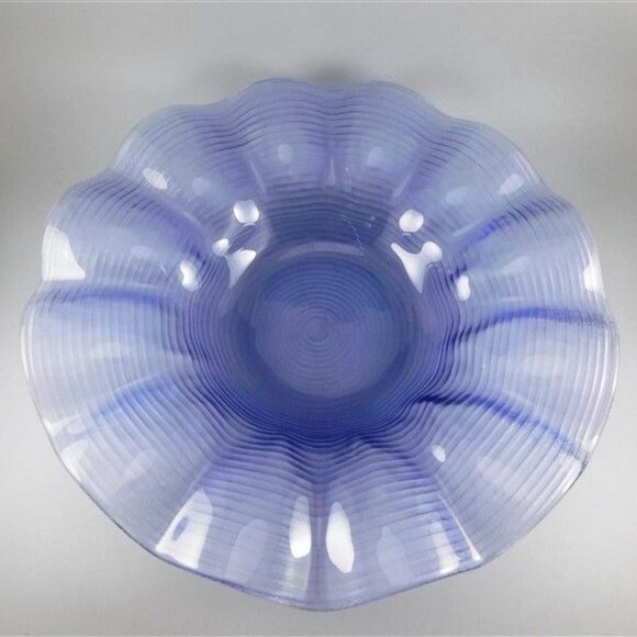 41/796 Vintage Art Glass Blue Glass Bowl with Lines Textured Underneath 14 3/8 x - Picture 4 of 5